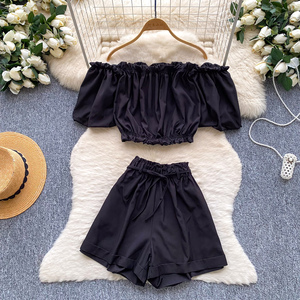 Conjunto Casual de Verano de 2 Piezas para Mujer, Top con Mangas Abullonadas y Pantalones Cortos Ajustados, <span class=keywords><strong>Ropa</strong></span> al por Mayor - Product Image 2