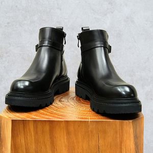 Black Chelsea Ankle Round-Toe Leather Men's Autumn/Winter Casual <b>Boots</b> Top-Grade Cowhide Upper Slip-On Closure Lightweight - Product Image 2