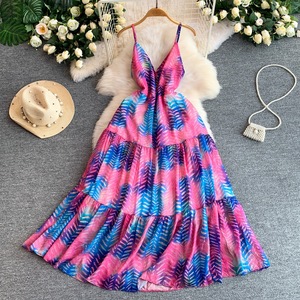 <span class=keywords><strong>Vestido</strong></span> Maxi Romántico Casual de Verano con Estampado Floral, Cuello en V, Tirantes Finos, Espalda Descubierta, Cintura Ajustada y Volantes - Product Image 3
