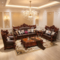 Europäisches Barock-Ledersofa-Set 3-Sitzer 2-Sitzer Sessel Geschnitzter Massivholzrahmen Gesteppt Braun Wohnzimmermöbel