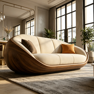 Sofá Curvo Tapizado en Beige con Estructura Exterior de Fibra de Vidrio con Acabado en Madera de Nogal para Espacios Residenciales de Lujo - Product Image 6