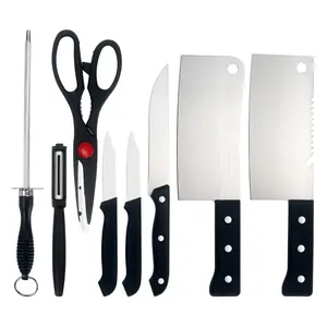Set di 8 coltelli da cucina manico in PP confezione in Blister Set di coltelli in acciaio inossidabile con bastoncino per affilare e forbici per mannaia
