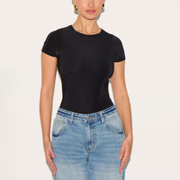 Body décontracté en coton à col rond et manches courtes pour femme, coupe ajustée, couleur unie, style t-shirt personnalisé