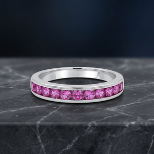 925 Sterling Silver Halt Eternity Band <b>Rings</b> Lab Created Pink Sapphire Trendy Channel Setting Jewelry for Women & <b>Men</b> - Product Image 2