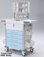Hospital Emergency Cart with Drawers, Sharps Box, Trash Can, and Medicine Storage Box.