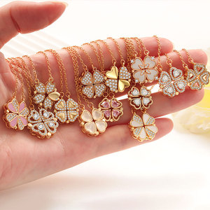 Wholesale Women's Fashion Four <strong>Leaf</strong> <strong>Clover</strong> <strong>Necklace</strong> 2 in 1 Convertible Love Heart Foldable Creative Clavicle Chain - Product Image 1