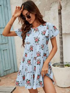Mini abito da donna con scollo rotondo, maniche a volant, stampa floreale, abito casual estivo stile babydoll - Product Image 4