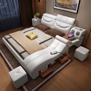 Dormitory Couple Beds Modern Leather Fabric Bed With Lift Storage Box Multimedia Function Bedroom Furniture Set