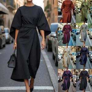 Vestido Largo Elegante de Color Sólido con Cinturón, Manga Murciélago, Estilo Casual para Oficina, Tipo Pullover, para Dropshipping en Shopify - Product Image 2