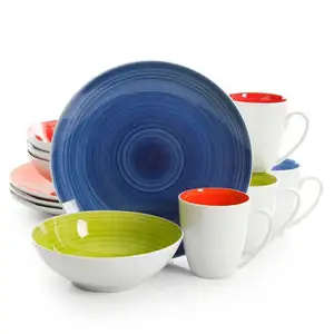 Service de vaisselle 12 pièces peint à la main Service de vaisselle rond en céramique fine glaçure 4 avec couleurs assorties micro-ondes et
