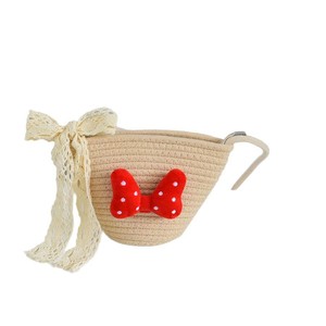 Sac bandoulière en rotin tressé pour femmes et enfants, style bohème rond avec fermeture éclair et nœud rouge, sac de plage portable - Product Image 5