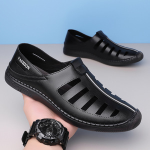White Breathable Hollow-Out Leather Sandals Flat Slip-On Men's Casual Driving Shoes - Product Image 2