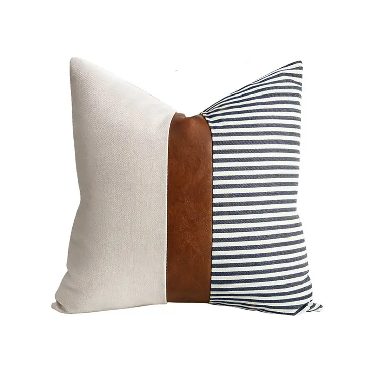 hot sale stripe vinyl pu leather canvas splicing 45x45 decorative cushion pillow cover striped cushion cover