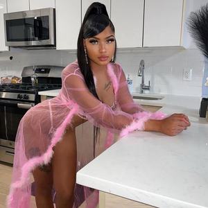 Hot Sale <span class=keywords><strong>3</strong></span>-teiliges Set Long Mesh Feather Robe mit Pelz Damen Dessous Transparente Erotik Sexy Loral Lace BH & kurze Unterwäsche - Product Image 4