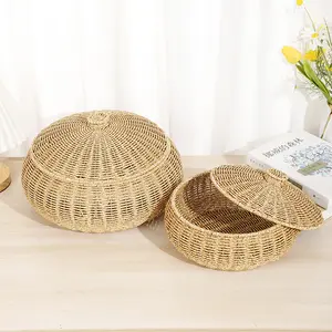 Chất Lượng Cao PP Mây Handwoven Lưu Trữ Lớn Giỏ Với Nắp Cho Nhà Thực Phẩm Hàng Ngày Đồ Lặt Vặt Lưu Trữ