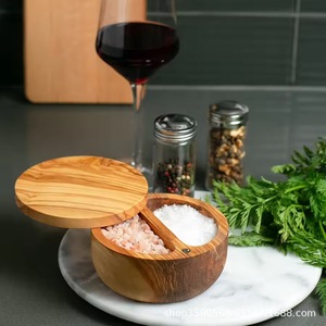 Acacia Wood Salt Container Divided Lid Kitchen <b>Spice</b> <b>Jar</b> Minimalist Design Small Size - Product Image 1