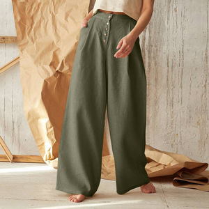 Boutique 2025 printemps nouvelle couleur unie taille haute décontracté bouton coton <span class=keywords><strong>lin</strong></span> pantalon à jambes larges pantalons pour femmes - Product Image 2