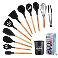 12 ustensiles de cuisine en silicone avec manche en bois : louche, spatule à soupe, spatule à spaghetti, spatule ajourée, brosse à badigeonner