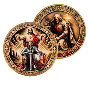Pièce commémorative religieuse en métal, artisanat d'art, thème Guerrier de Christ, Templier, Jésus, Sacré-Cœur, décoration, cadeau de collection - Product Image 1