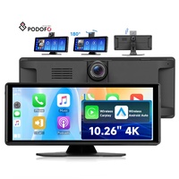 Podofo 10.26'' Caméra de tableau de bord portable sans fil CarPlay Android Auto rotative à 180° 4K double objectif DVR pour voitures, camions, fourgonnettes OEM