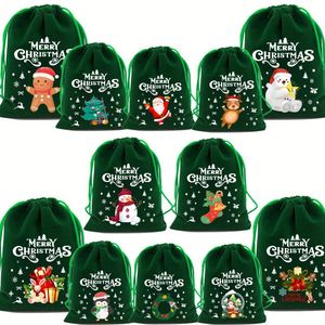 Sac cadeau de Noël en velours vert avec motif de dessin animé et texte Joyeux Noël, idéal pour la Saint-Nuisette et comme sac à pommes, produit phare - Product Image 2