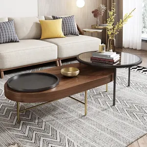 एशियाई शैली सरल डिजाइन आधुनिक गिलास साइड टेबल लकड़ी कॉफी टेबल के साथ स्वर्ण धातु पैर