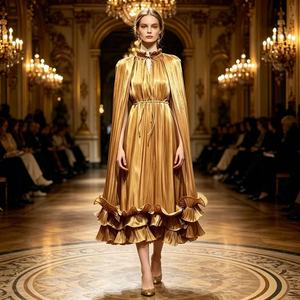 Eleganti <span class=keywords><strong>Abiti</strong></span> da Sera <span class=keywords><strong>per</strong></span> Donne con Maniche a Mantella, Orlo Arricciato, Scollo a V in Cotone Mercerizzato Scintillante, Vestito Formale da Festa - Product Image 1