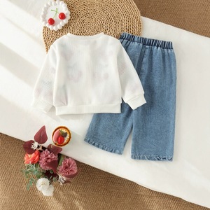 Ensemble <span class=keywords><strong>2</strong></span> pièces pour filles : Cardigan brodé cerises et jean, pull blanc boutonné, vêtements de fête pour enfants - Product Image 4