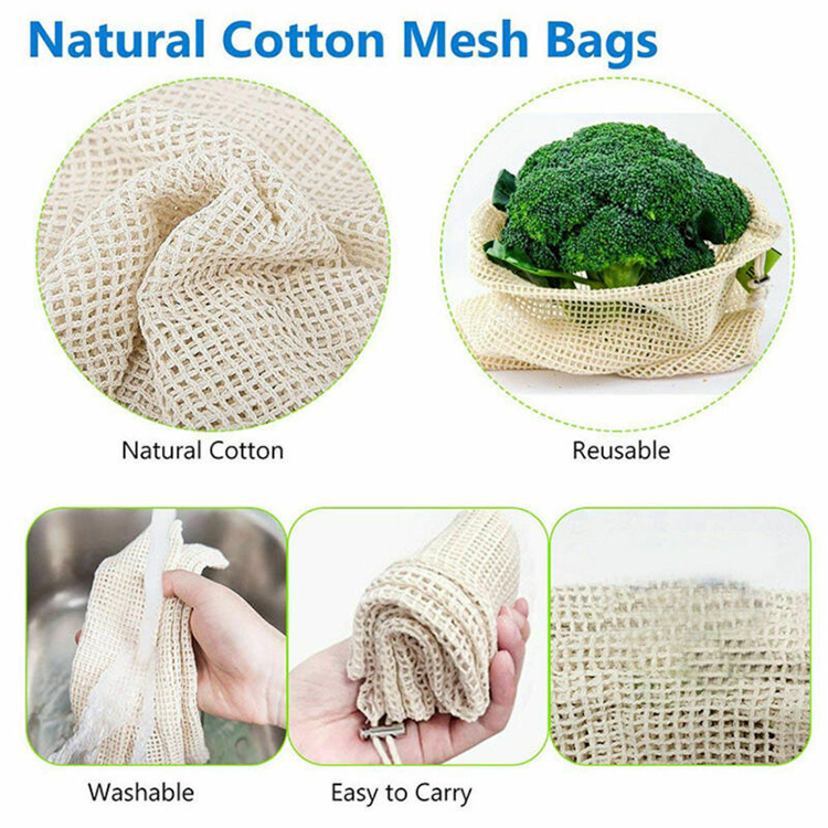 Recycled drawstring organic cotton net mesh reusable produce bags for fruit vegetable