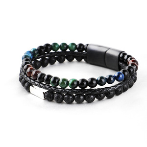 Bracelet en cuir tressé personnalisable pour homme avec <span class=keywords><strong>pierre</strong></span> œil <span class=keywords><strong>de</strong></span> tigre, fermoir magnétique, perles <span class=keywords><strong>de</strong></span> <span class=keywords><strong>lave</strong></span> naturelle, logo personnalisé - Product Image 1