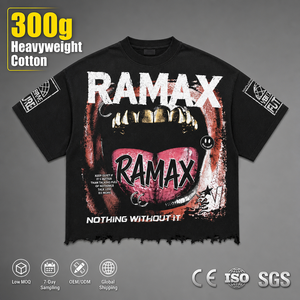 RAMAX T-shirt Grafica Personalizzata Effetto Consumato Cotone Pesante 300g Oversize Streetwear Orlo Grezzo Fornitore OEM di Fabbrica All'ingrosso - Product Image 1