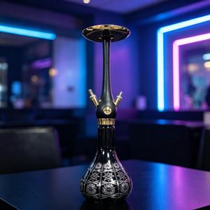Black Glass <b>Hookah</b> with Gold Tone Metal Finish Double Hose Water <b>Pipe</b> for Lounge Bar Display - Product Image 4