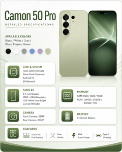 สมาร์ทโฟน Camon 50 Pro 5G ปลดล็อคแล้ว หน้าจอ Vivid AMOLED 6.7 นิ้ว ความละเอียด 1080x2436 แบตเตอรี่ขนาดใหญ่ 6150mAh กล้องหลัง 50MP Pro แรม 16GB+1TB - Product Image 5