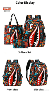 Shark Print Student <b>Backpack</b> Waterproof School Bag Cartoon Bookbag with Pencil Case and Tote Bag for Teens - Product Image 3