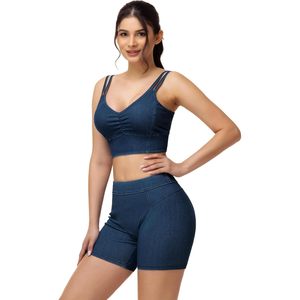 FOXA Crop top en jean pour femme, col en V, rembourré, à bretelles, soutien-gorge de yoga extensible et actif, camisole - Product Image 3