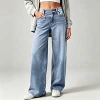 Jean délavé pour femme, coupe droite, jambe large, style décontracté, en denim fin et extensible, effet délavé