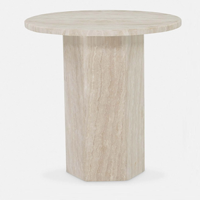 Table basse ronde élégante en travertin naturel avec base hexagonale de style nordique pour salon ou loft