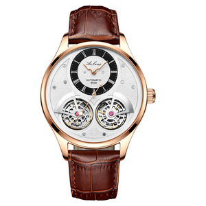 Montre mécanique automatique Ailang Skeleton à double tourbillon pour homme, boîtier en acier inoxydable de 12 mm, bracelet en cuir marron, étanche 3 ATM - Product Image 1