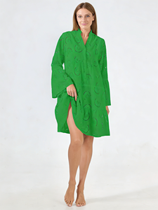 Robe trapèze ample en coton tricoté, col en V, manches évasées brodées, longueur genou, taille plus, couleur unie, pour le quotidien, printemps-été 2026 - Product Image 3