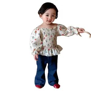 Latest Baby Shirts Smocking Autumn Floral Cotton Off-shoulder Cute Infant Blouses Long Puff Sleeve Retro Toddler Clothes