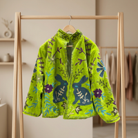 Veste en velours vert brodée, col mandarin, manches longues, motif floral de lapin, manteau de printemps pour femme, style Prairie Chic B2B