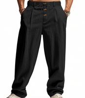 Celana Kasual Linen Pria Lurus Multi Warna Bernapas Ringan Elastis Pinggang Serut Kancing Depan Lipit Longgar Musim Panas
