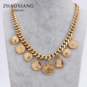 Collier ras du cou épais cubain pour femme, avec pendentif pièce de monnaie sculptée vintage, bijoux - Product Image 3