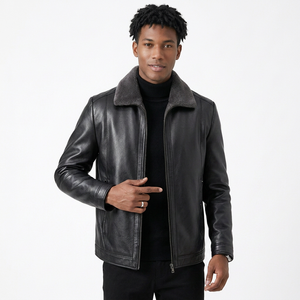 Men's Genuine Leather Moto <b>Jacket</b> With Faux Fur Collar Zipper Closure Winter Outerwear Regular Fit Solid Color <b>Jackets</b> - Product Image 1