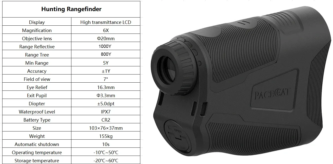 PaceCat 1000m Long Distance Hunting Rangefinder 6X Magnification IPX7 Flush Nitrogen Anti-fog High Accuracy Rangefinder