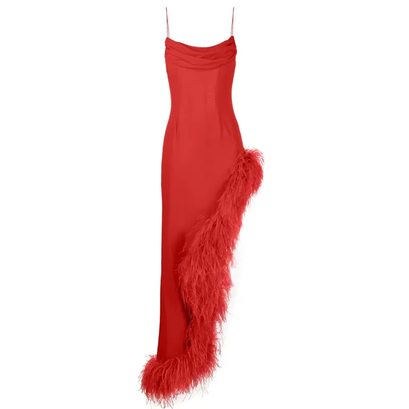 OEM Party Wear Scope Neck Asymmetrical Side Split Floor Length Feather Trim Dress Women