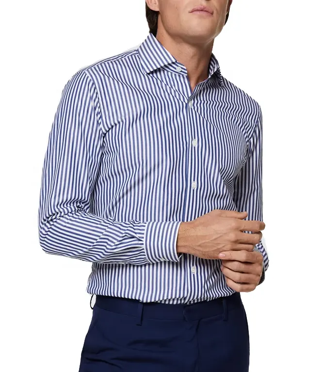 Men's Long Sleeve Light Blue Stripes Plaid Latest Dress Business Shirts