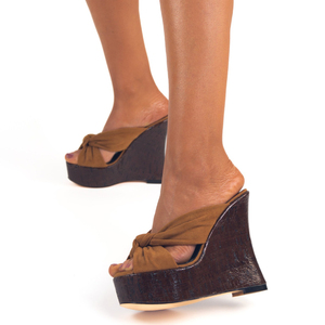 Mules à talons compensés hauts pour femmes, en daim, à bout ouvert, avec nœud décoratif, à plateforme épaisse, style escarpins à motifs imprimés - Product Image 2