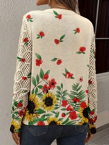 Maglione da Donna Traspirante Casual con Motivo Girasole, Collo a V, Maniche Lunghe, Lavorazione Pointelle <span class=keywords><strong>e</strong></span> Inserti in Rete, 100% Poliestere, Collezione Primavera 2026 - Product Image 5