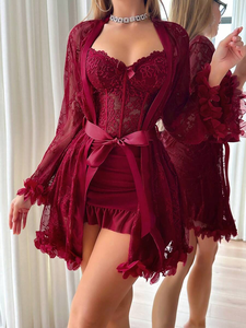 Chemise de nuit sexy en dentelle, mini-lingerie noire en maille transparente pour femme, cadeau de nuit de noces en dentelle florale - Product Image 5